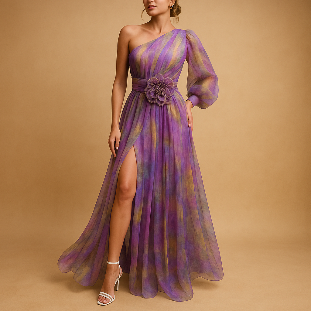 Elegant one shoulder beach maxi dress for women with side split, lightweight and perfect for summer vacations and beach parties.
