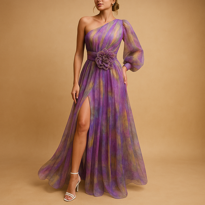 Elegant one shoulder beach maxi dress for women with side split, lightweight and perfect for summer vacations and beach parties.