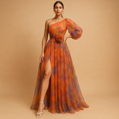 Elegant one shoulder beach maxi dress for women with side split, lightweight and perfect for summer vacations and beach parties.
