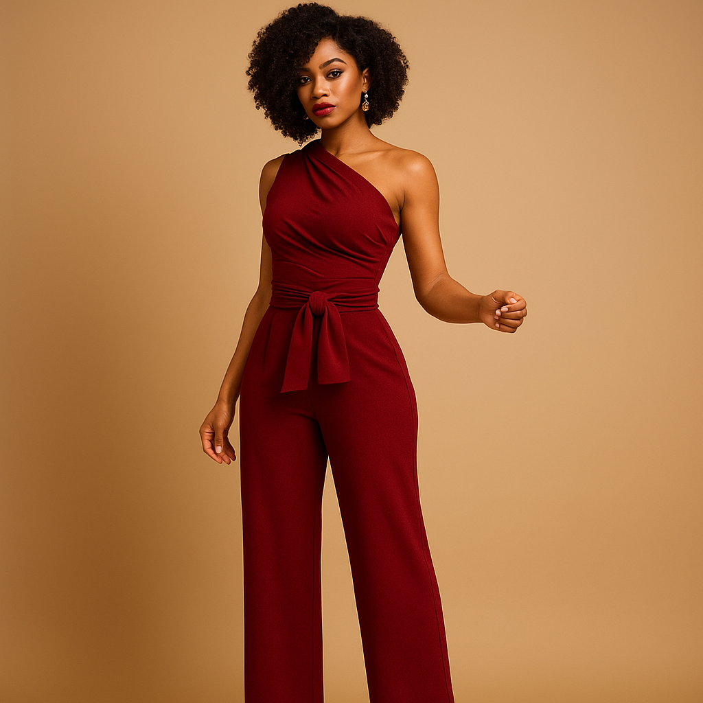 Woman wearing a one-shoulder elegant jumpsuit with wide legs and a flowing silhouette, perfect for summer events and cocktail parties.