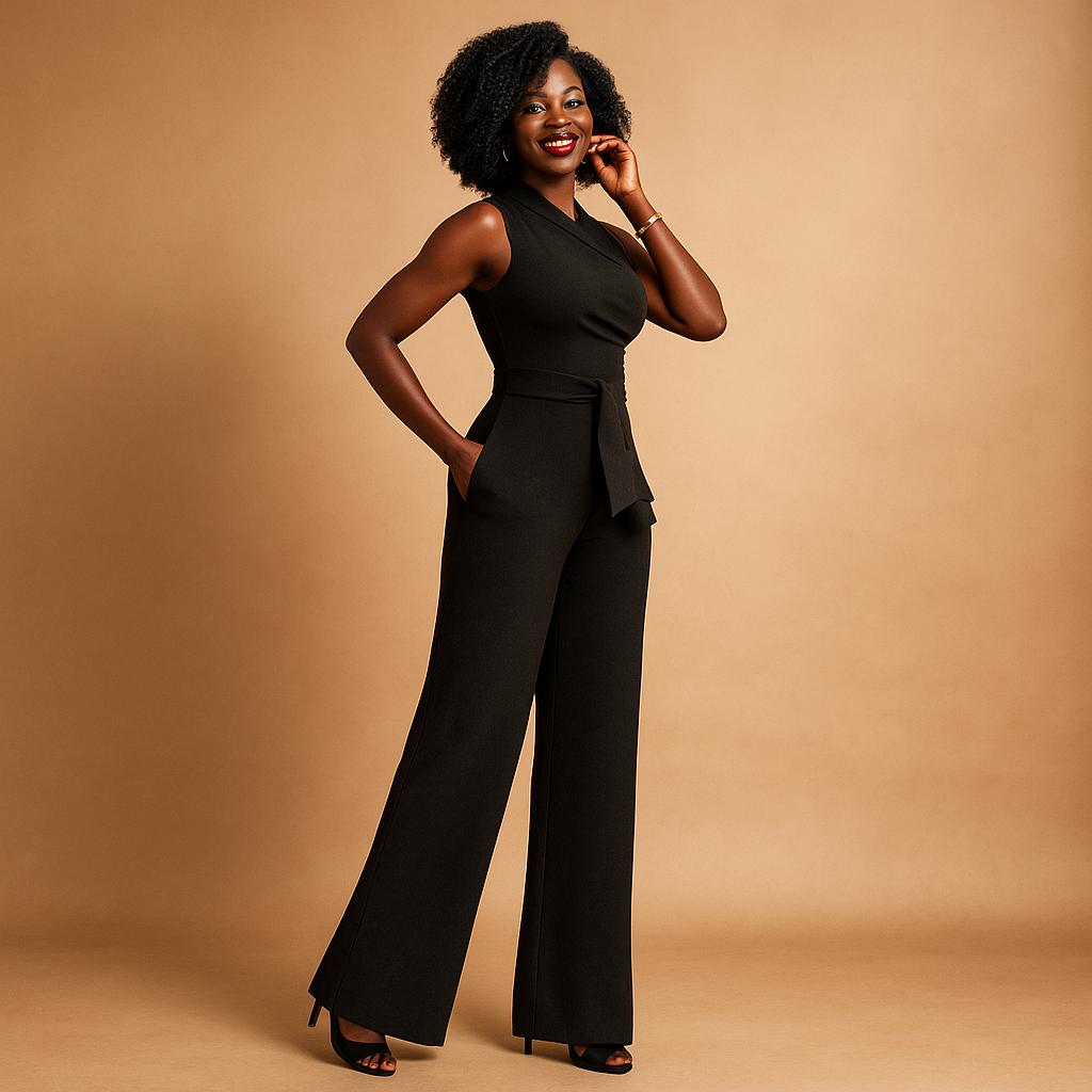 Woman wearing a one-shoulder elegant jumpsuit with wide legs and a flowing silhouette, perfect for summer events and cocktail parties.