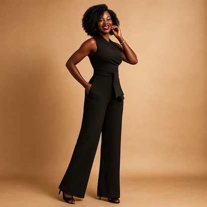 Woman wearing a one-shoulder elegant jumpsuit with wide legs and a flowing silhouette, perfect for summer events and cocktail parties.