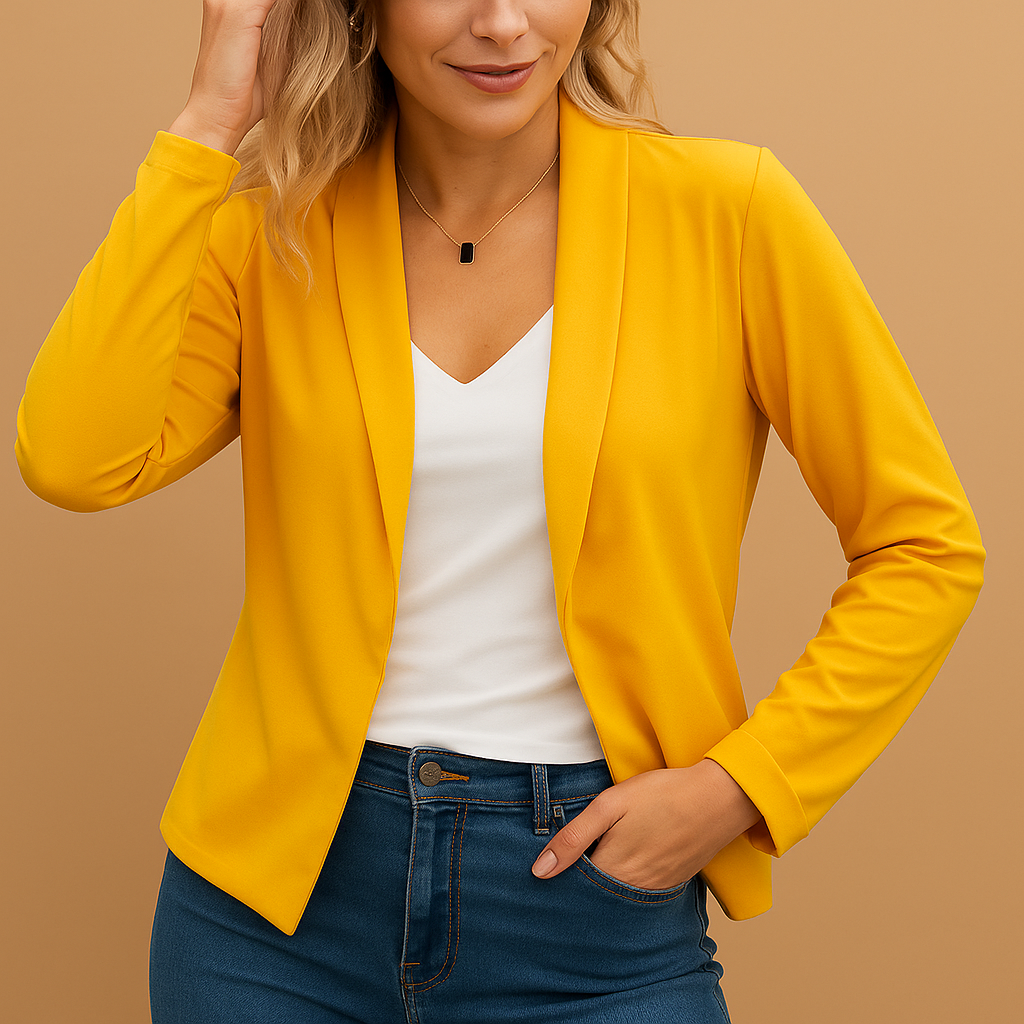 Women’s open-front tailored blazer with a flattering fit in black, beige, and navy, ideal for work, casual moments, and elegant evenings.