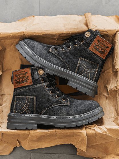 Men's Denim Boots Lace-Up Rugged Sole Blue