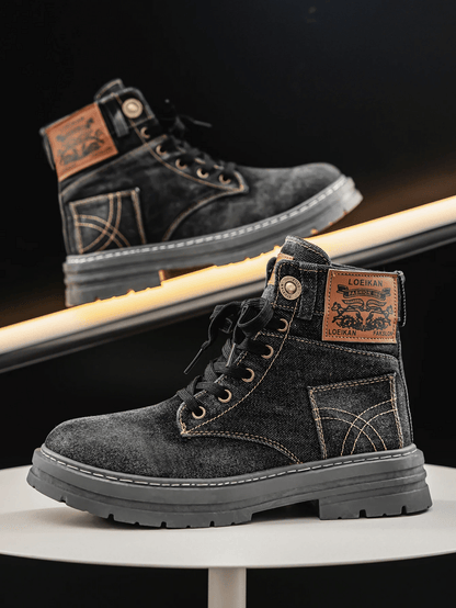 Men's Denim Boots Lace-Up Rugged Sole Blue
