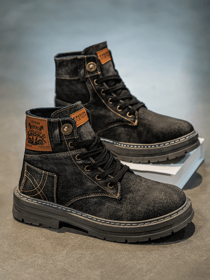Men's Denim Boots Lace-Up Rugged Sole Blue