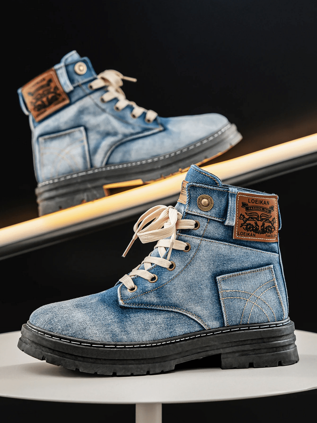 Men's Denim Boots Lace-Up Rugged Sole Blue