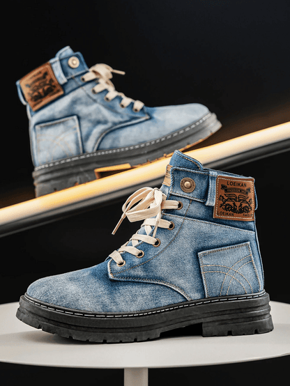Men's Denim Boots Lace-Up Rugged Sole Blue