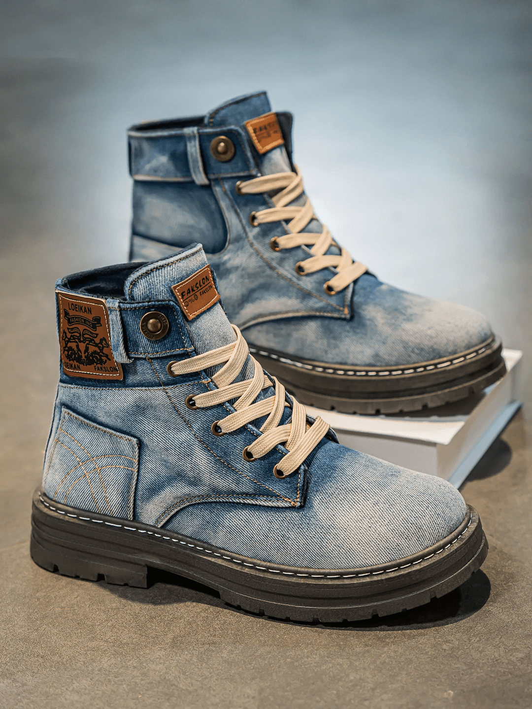 Men's Denim Boots Lace-Up Rugged Sole Blue
