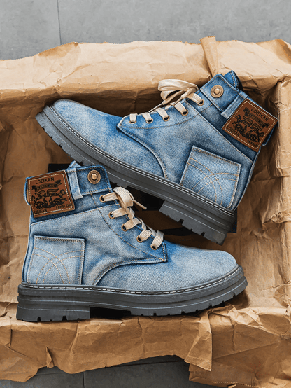 Men's Denim Boots Lace-Up Rugged Sole Blue - VibreMode