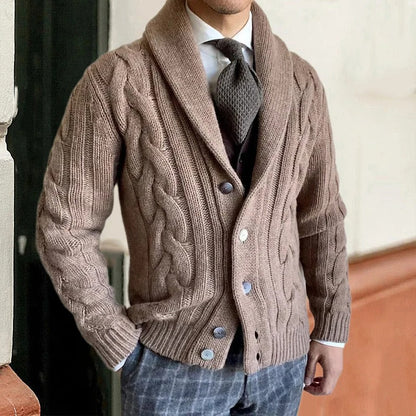 Men's Cable Knit Cardigan Shawl Collar Sweater - VibreMode