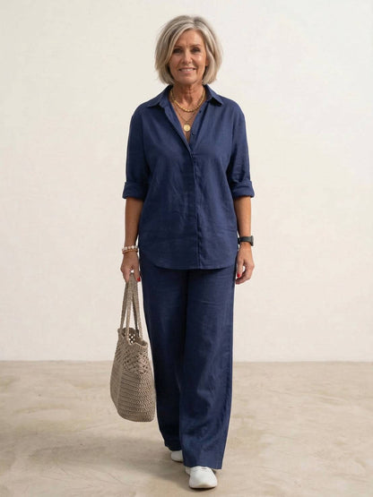 Relaxed Fit Women's Button-Down Shirt Pants Set - VibreMode