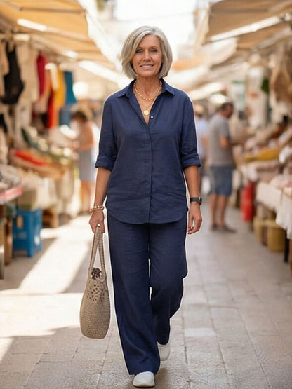 Relaxed Fit Women's Button-Down Shirt Pants Set