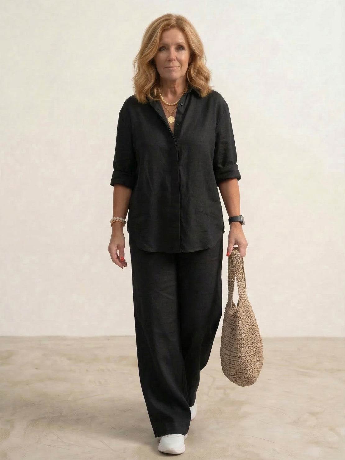 Relaxed Fit Women's Button-Down Shirt Pants Set