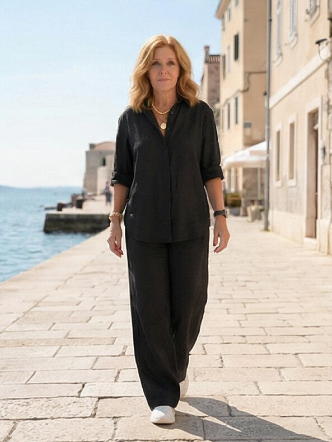 Relaxed Fit Women's Button-Down Shirt Pants Set