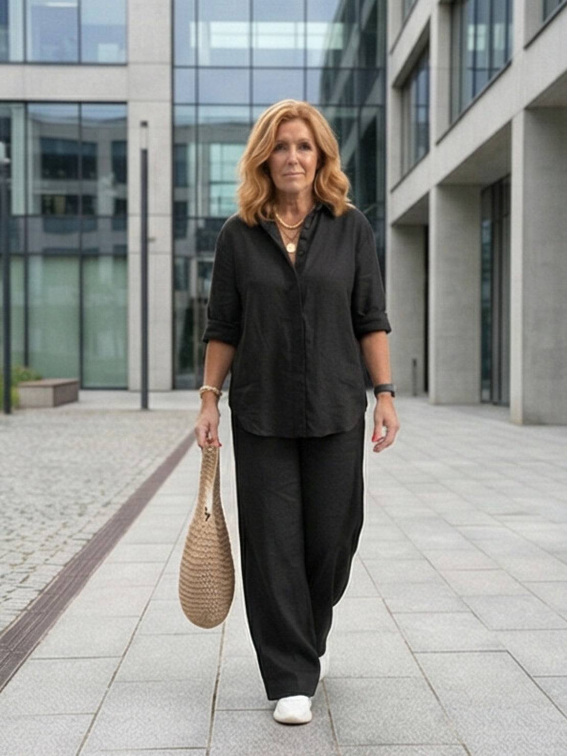 Relaxed Fit Women's Button-Down Shirt Pants Set