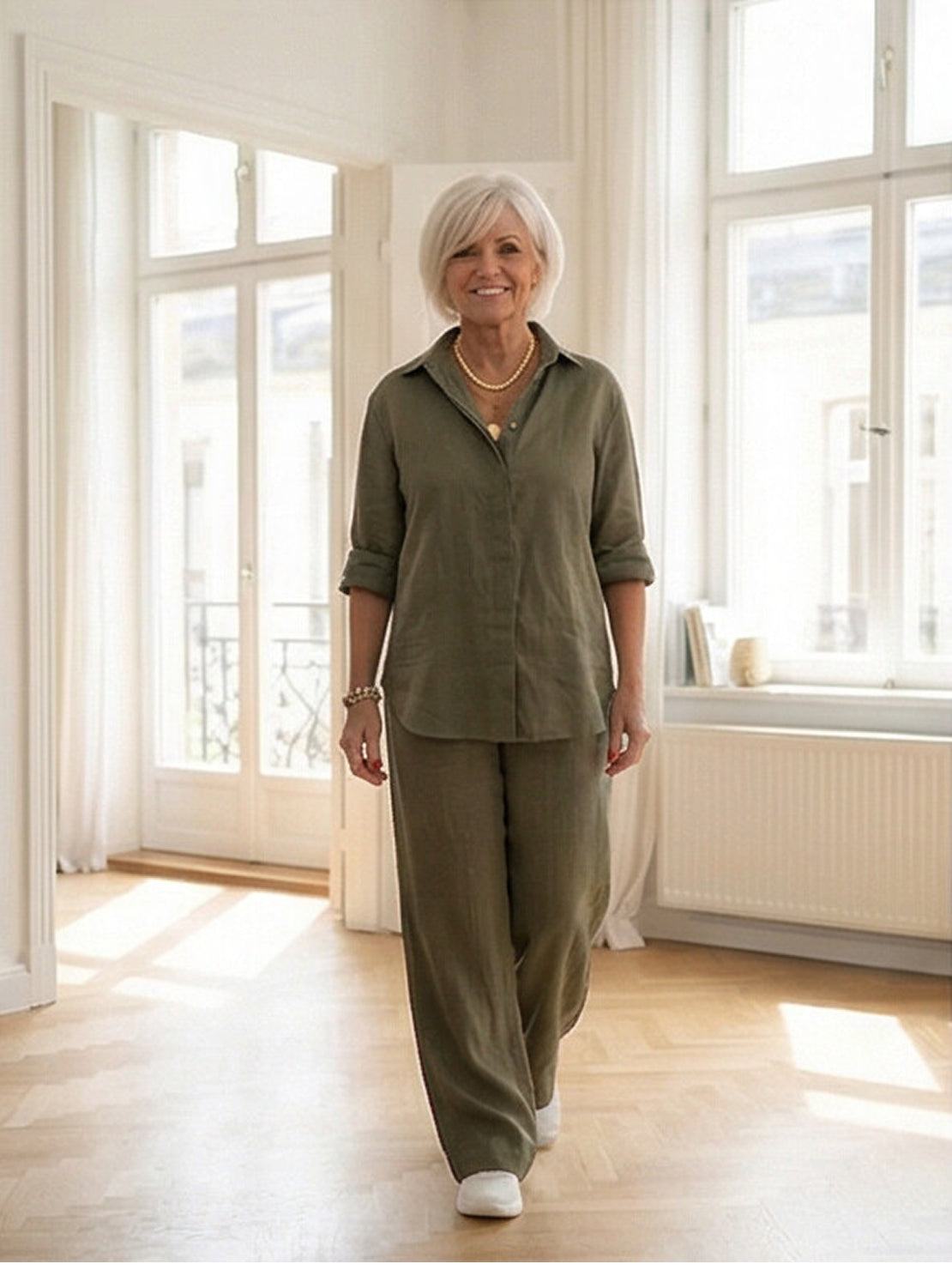 Relaxed Fit Women's Button-Down Shirt Pants Set