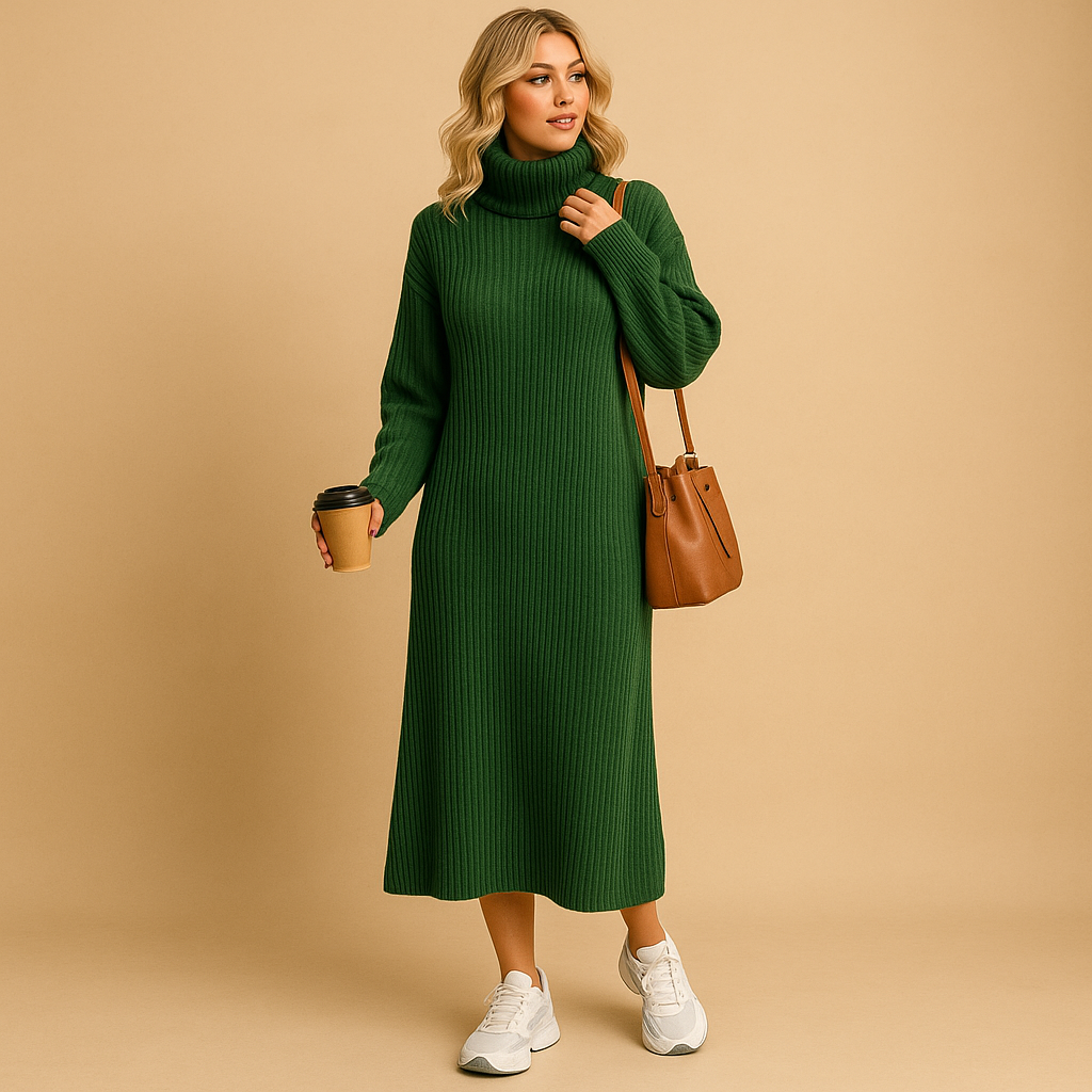Oversized knit sweater dress for women with long sleeves and soft fabric, ideal for autumn walks and cozy winter outfits.