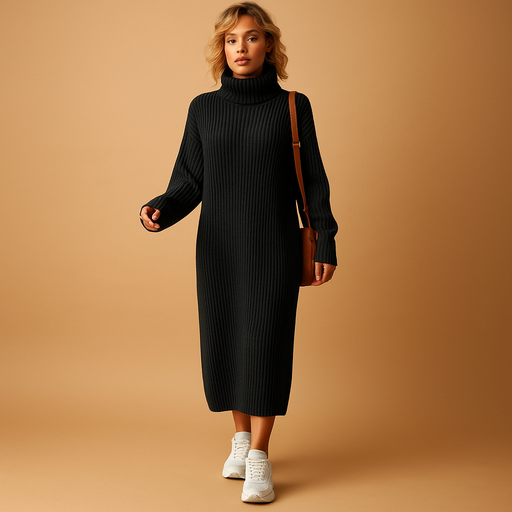 Oversized knit sweater dress for women with long sleeves and soft fabric, ideal for autumn walks and cozy winter outfits.