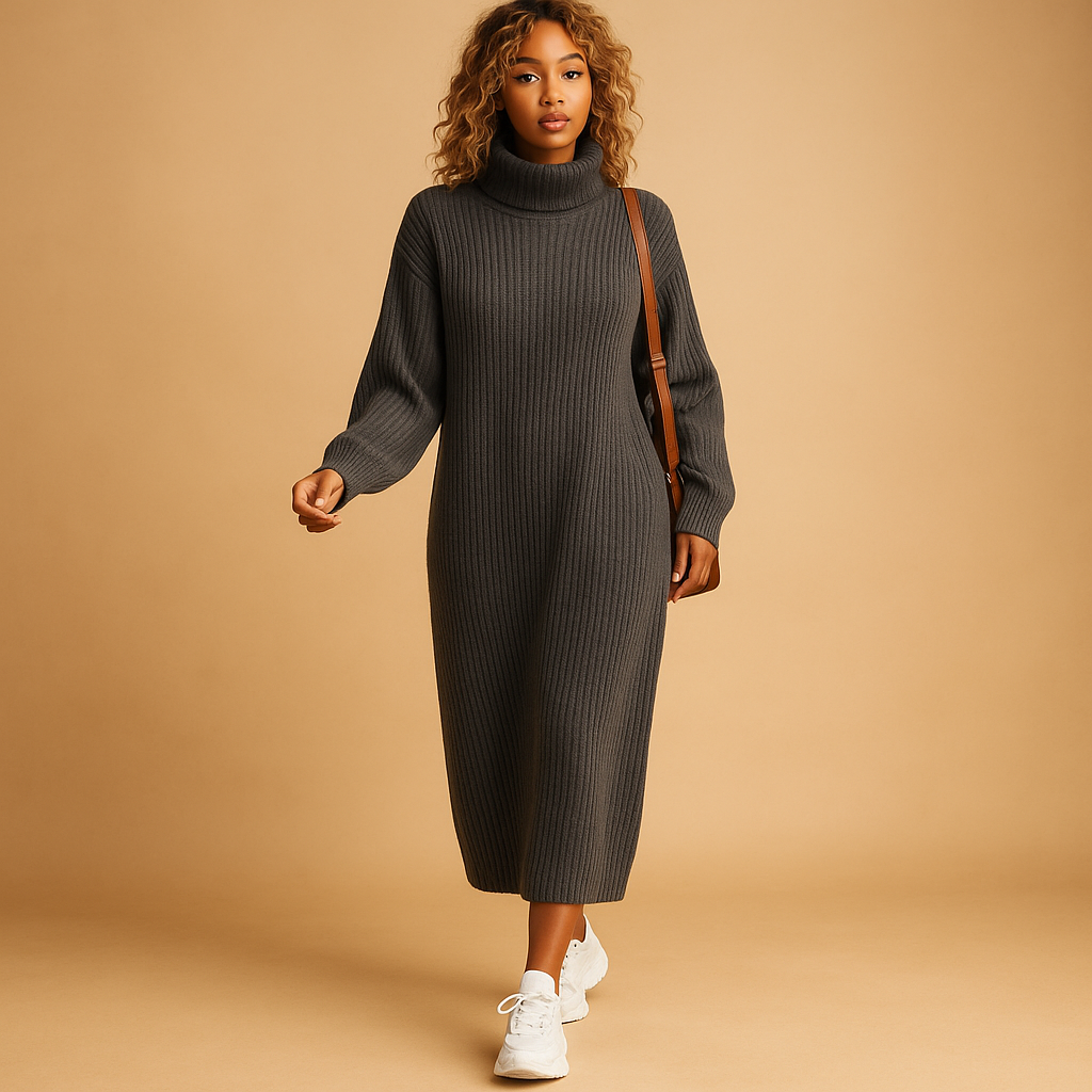 Oversized knit sweater dress for women with long sleeves and soft fabric, ideal for autumn walks and cozy winter outfits.