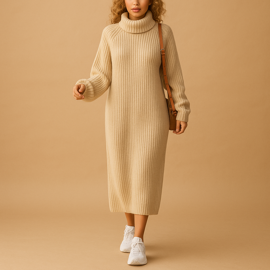Oversized knitted sweater dress for women with soft fabric and relaxed fit, perfect for cozy autumn and winter outfits.