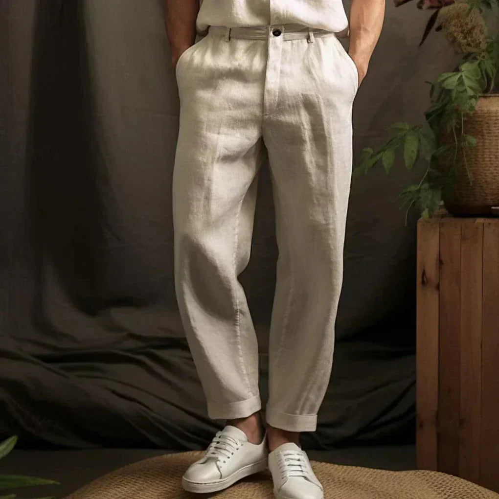 Men's Linen Casual Trousers Lightweight Beige - VibreMode