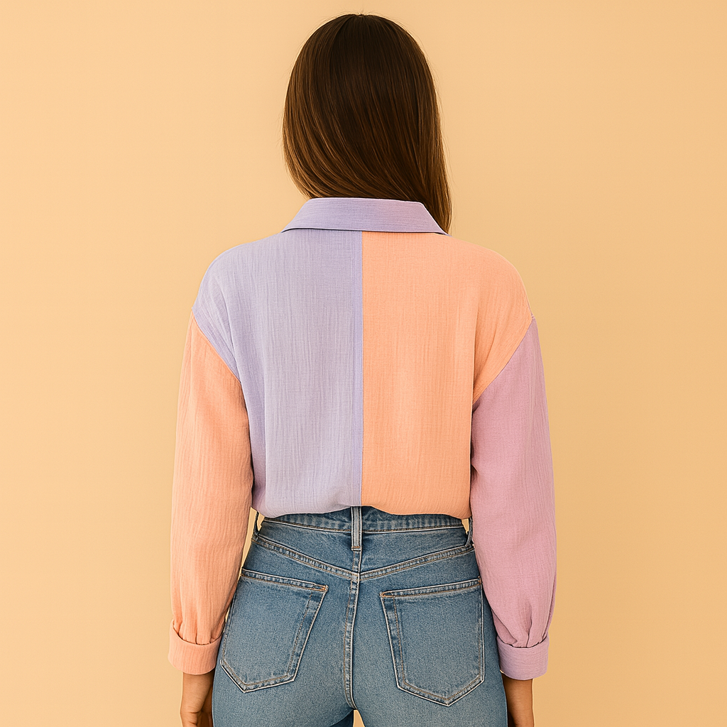 Women’s patchwork blouse with vibrant colors and an airy fit, ideal for casual outings and semi-formal occasions.
