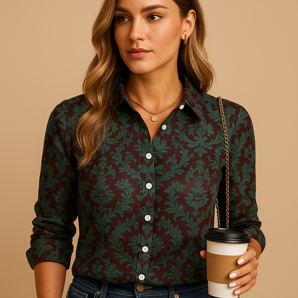 Women’s blouse with bold patterned design and elegant detailing, offering a flattering and stylish fit for daily or festive occasions.