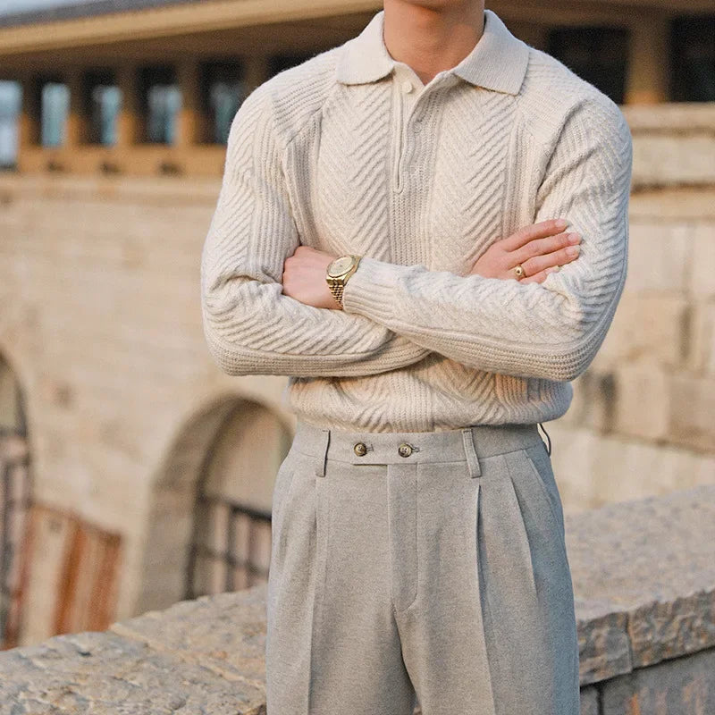 Image of Paul | Men's Long Sleeve Textured Zip Polo Shirt