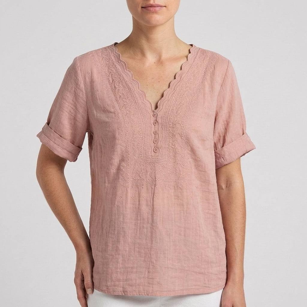 Chloe Women's Relaxed V-Neck Blouse Embroidered White