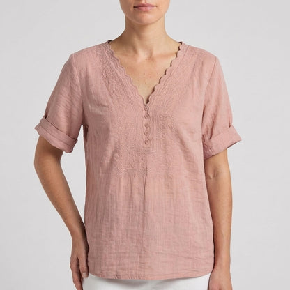 Chloe Women's Relaxed V-Neck Blouse Embroidered White