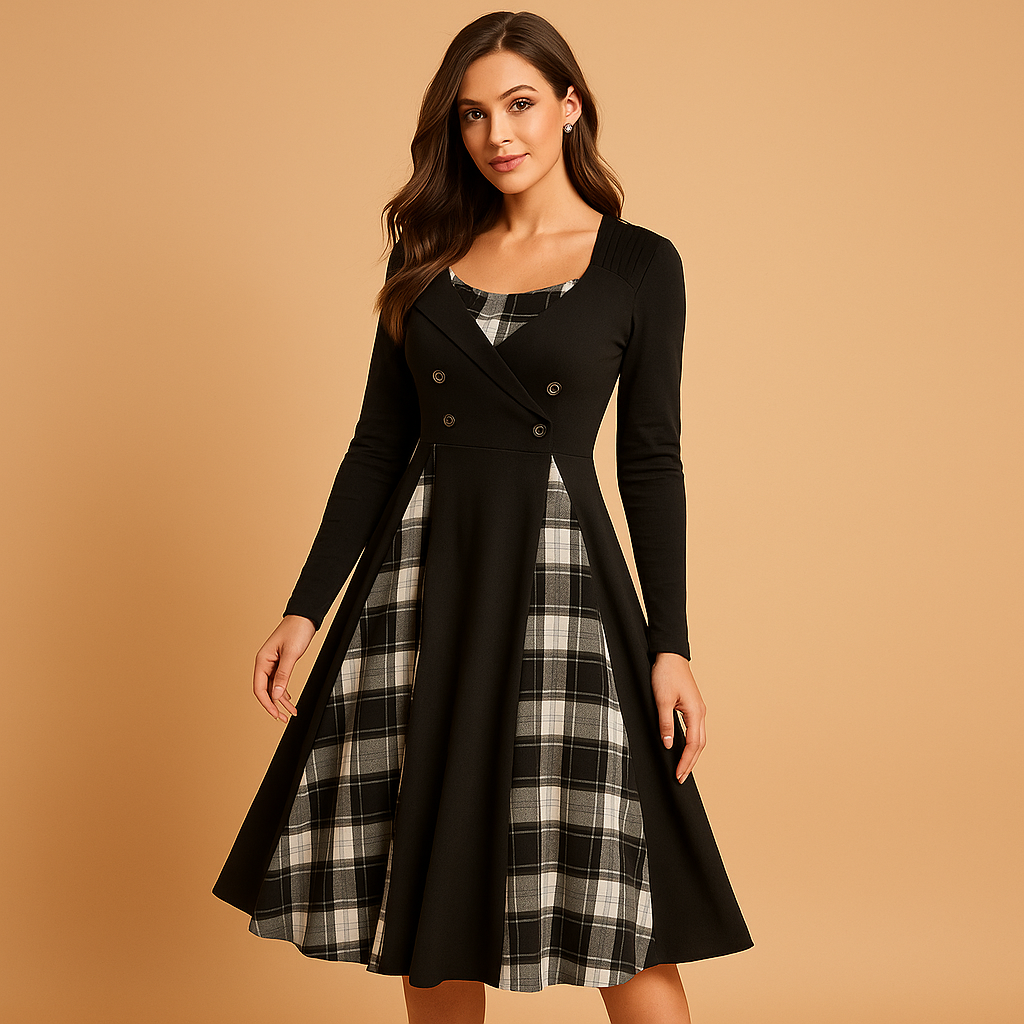Plaid A-line dress for women with long sleeves and a flattering fit, perfect for work, formal occasions, and casual chic outfits.