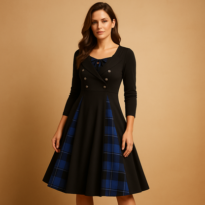 Plaid A-line dress for women with long sleeves and a flattering fit, perfect for work, formal occasions, and casual chic outfits.