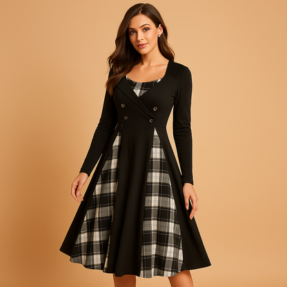 Plaid A line midi dress for women with long sleeves and double button front, ideal for work, dinners, and casual chic occasions.