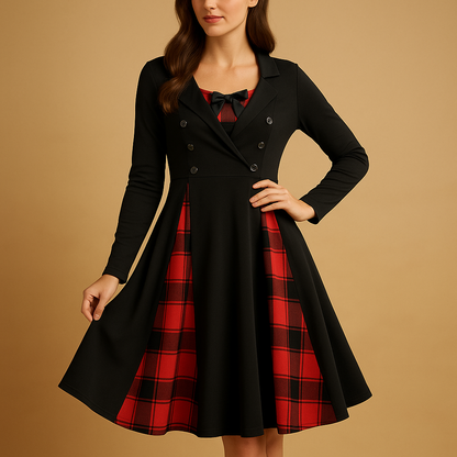 Plaid A line midi dress for women with long sleeves and double button front, ideal for work, dinners, and casual chic occasions.
