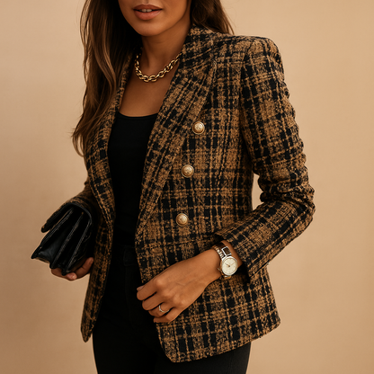 Women’s plaid double-breasted blazer with long sleeves and a classic check pattern, ideal for work, business meetings, and casual chic outfits.