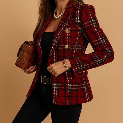 Women’s plaid double-breasted blazer with long sleeves and a classic check pattern, ideal for work, business meetings, and casual chic outfits.