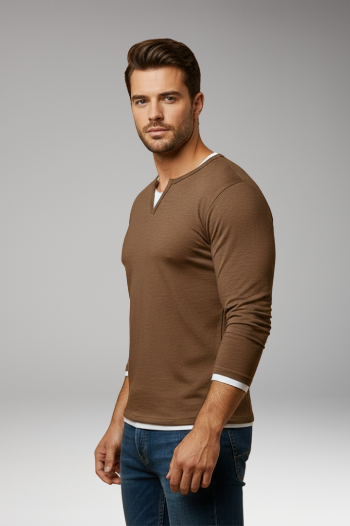 Men's V-Neck Long Sleeve T-Shirt Layered Design