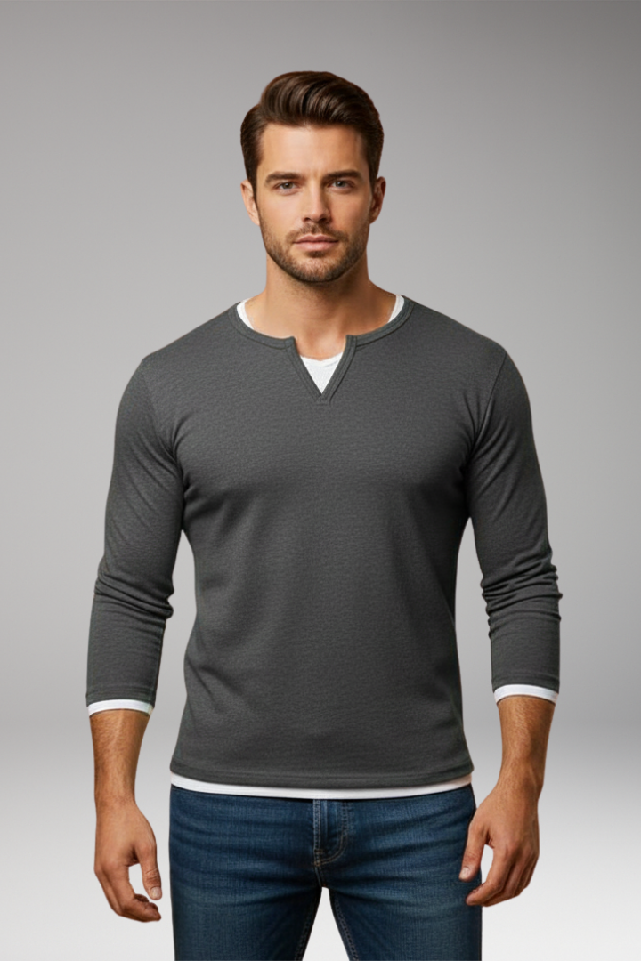 Men's V-Neck Long Sleeve T-Shirt Layered Design