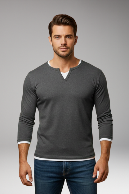 Men's V-Neck Long Sleeve T-Shirt Layered Design