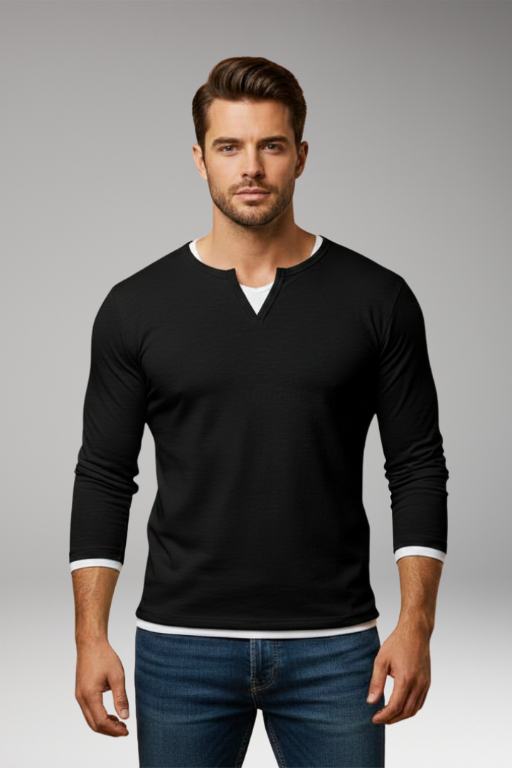 Men's V-Neck Long Sleeve T-Shirt Layered Design