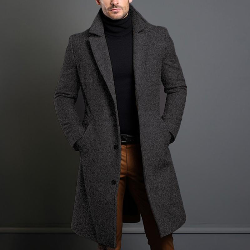 Men's Single-Breasted Coat Mid-Length Notch Lapel Solid Color