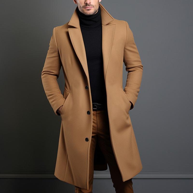 Men's Single-Breasted Coat Mid-Length Notch Lapel Solid Color