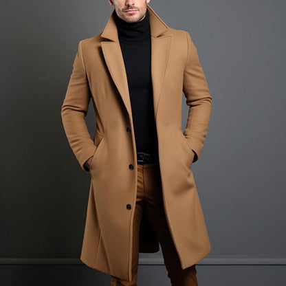 Men's Single-Breasted Coat Mid-Length Notch Lapel Solid Color