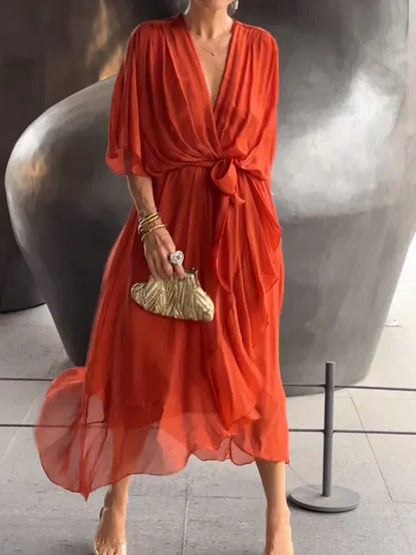 Women's Silk V-Neck Dress Elegant Soft
