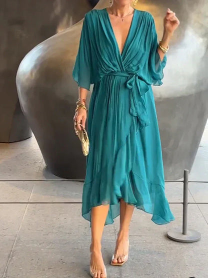 Casual Summer V Neck Midi Sundress for Women