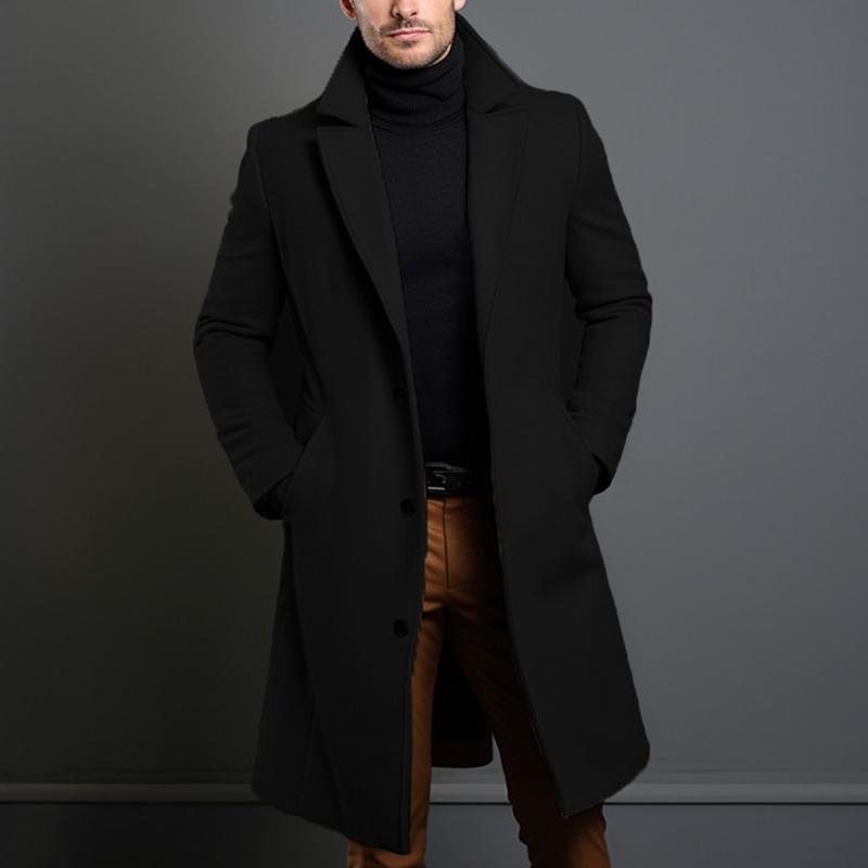 Men's Single-Breasted Coat Mid-Length Notch Lapel Solid Color