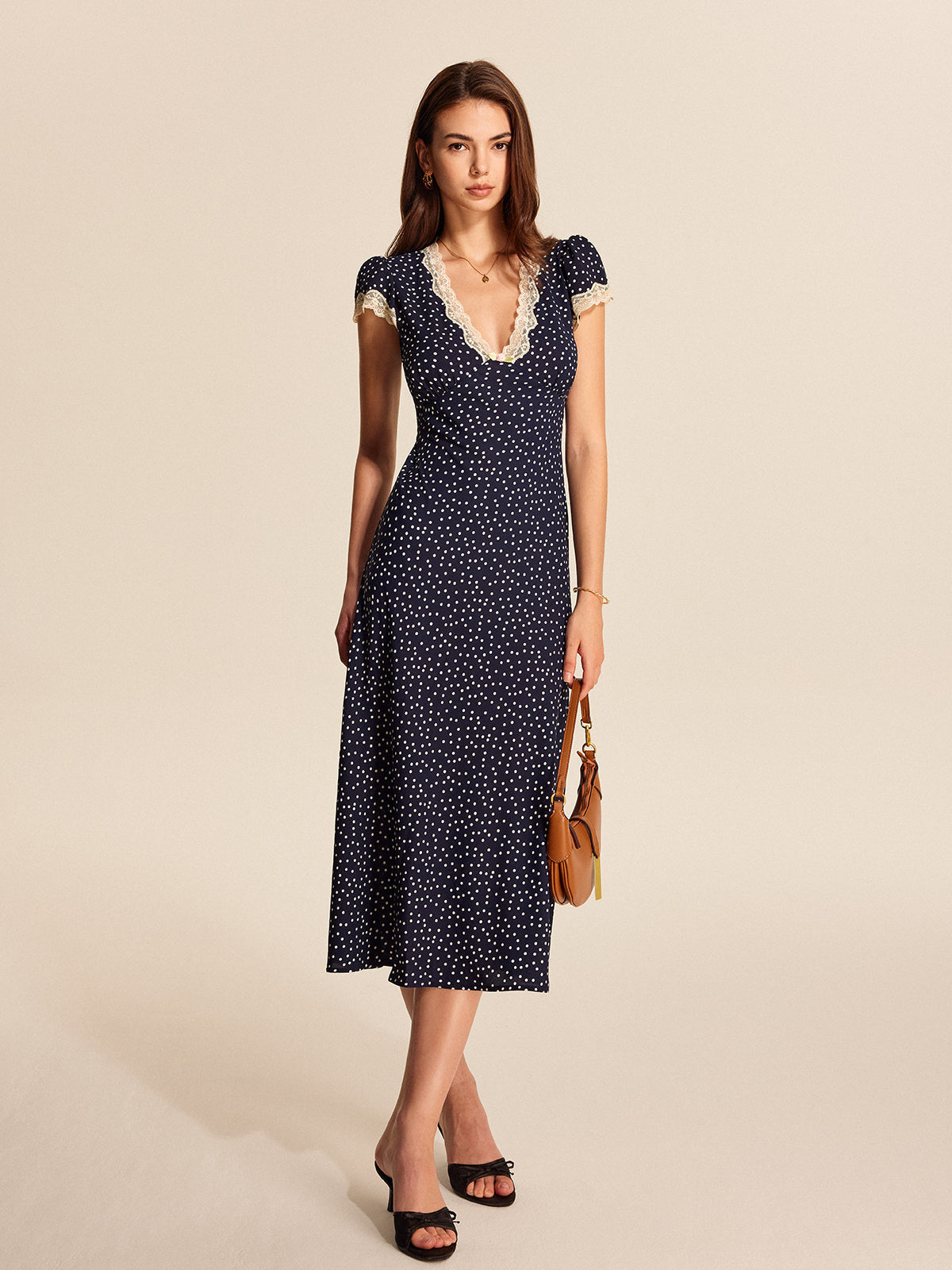 Women's V-Neck Midi Dress Polka Dot Lace Cap Sleeve