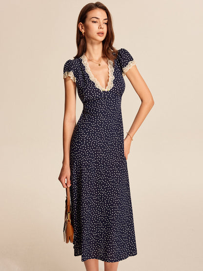 Women's V-Neck Midi Dress Polka Dot Lace Cap Sleeve