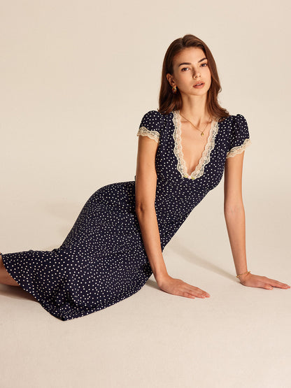 Women's V-Neck Midi Dress Polka Dot Lace Cap Sleeve